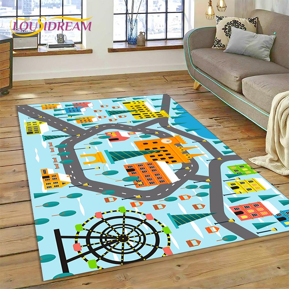 City Traffic Road Map Runway Child PlayMat Highway Playroom Area Rug,Carpet Rug for Living Room Bedroom Sofa Doormat, Non-slip