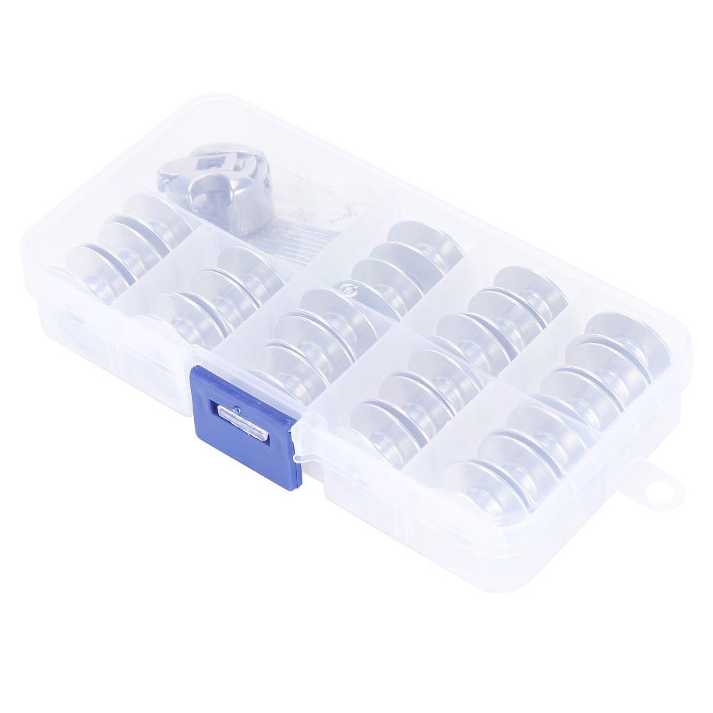 36pcs Metal Bobbins Sewing Machine Bobbin Set Aluminium Silver Sewing Machine Bobbin Plastic Storage Box