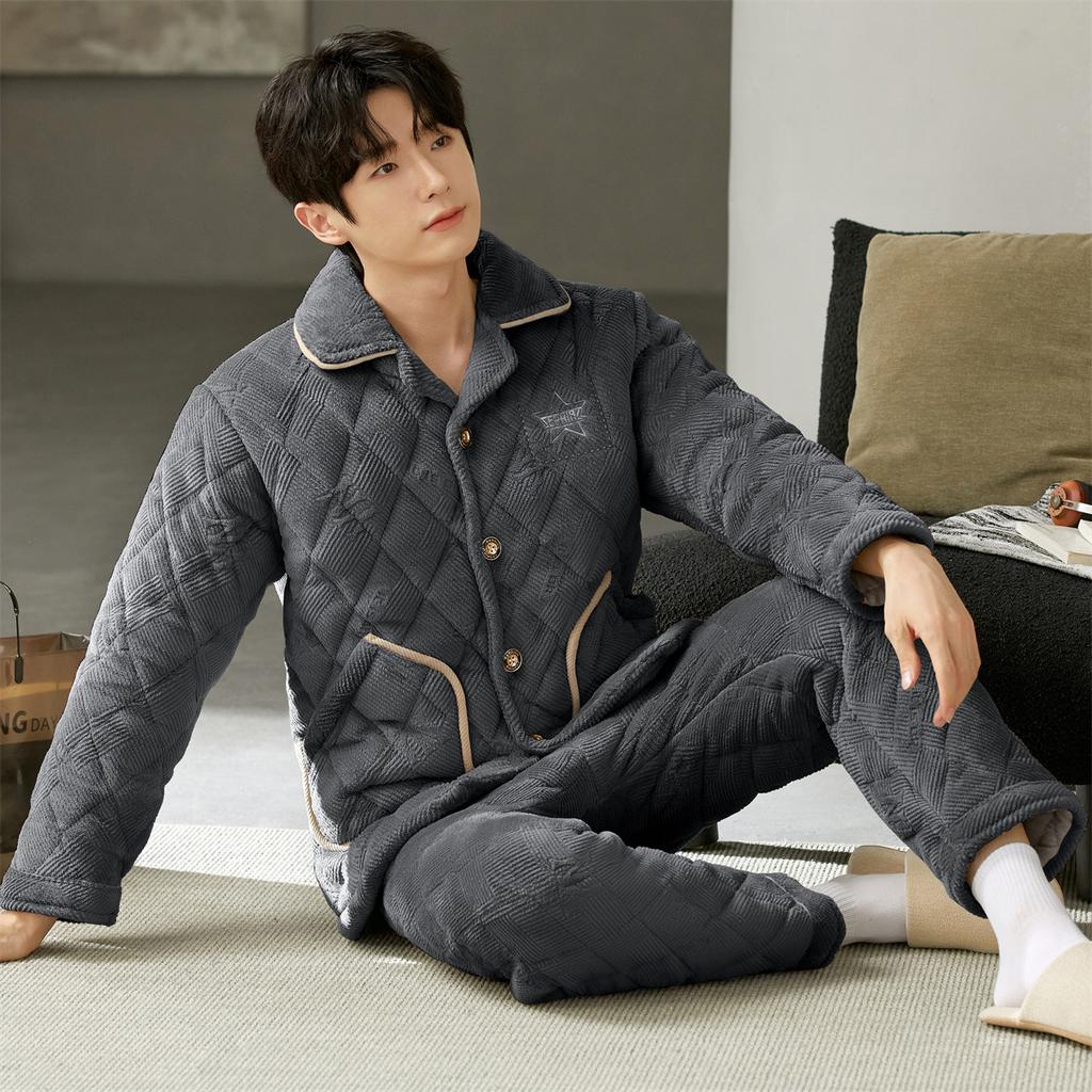 Pijamale Bărbați Îngroșate Călduroase Toamnă Iarnă Haine de Casă Pijamale Termice Confortabile Cardigan Haine de Dormit Top Lung de Dormit Pantaloni 2 Buc./set Pijamale