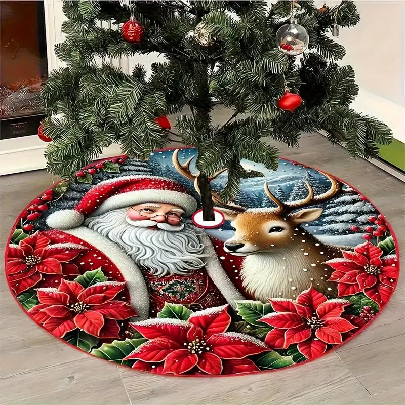 Santa Reindeer Christmas Tree Skirt,Round Non‑Slip Floor Mat,Poinsettia Winter Scenery Xmas Carpet for Holiday Home Decor