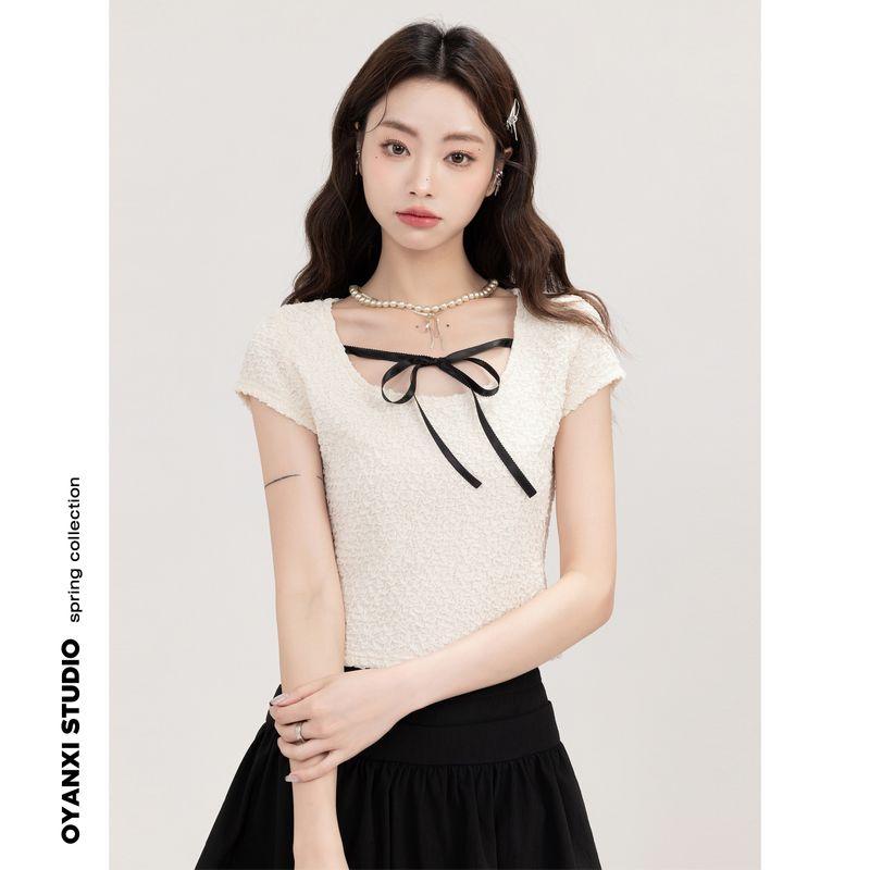 

Ouyang Xi Minimalist Short Sleeve Easiest for Match Slim Looking Bows Apricot-(T-Shirt-In Stock) XS