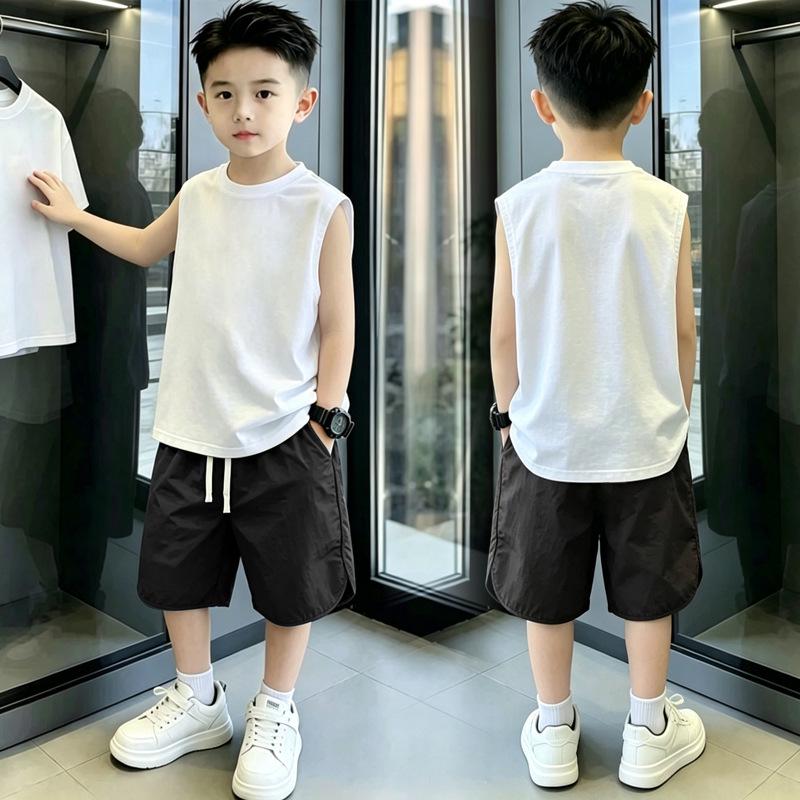 Versatile Korean Style Boys' Summer Vest & T-Shirt Set for Ages 6-15 – Loose, Sleeveless Two-Piece