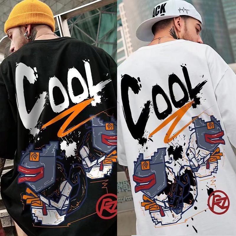 M-8XL Men T-Shirt Oversized Fashion American Monster Fish Graffiti Letter Cool Print T-Shirt Simple Casual Tops Lovers'clothes