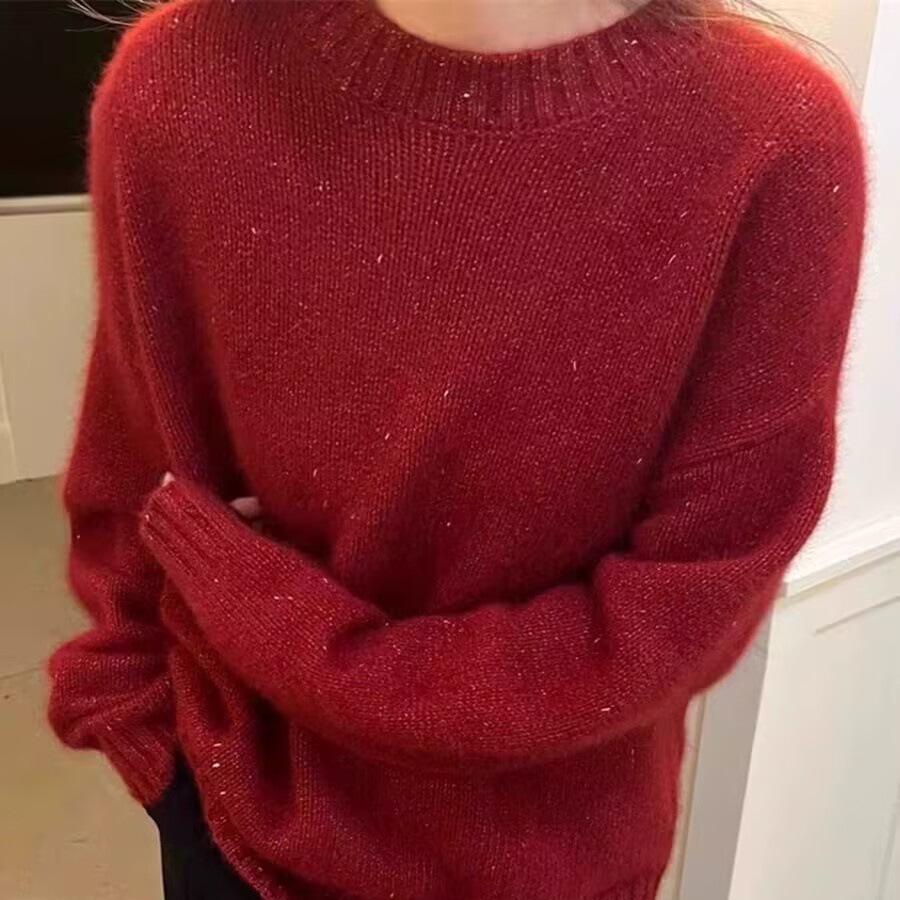 Women's High-End European Style Red Pure Wool Sweater with Lurex - Autumn/Winter Collection, Loose & Thickened, Year of the Rat Design
