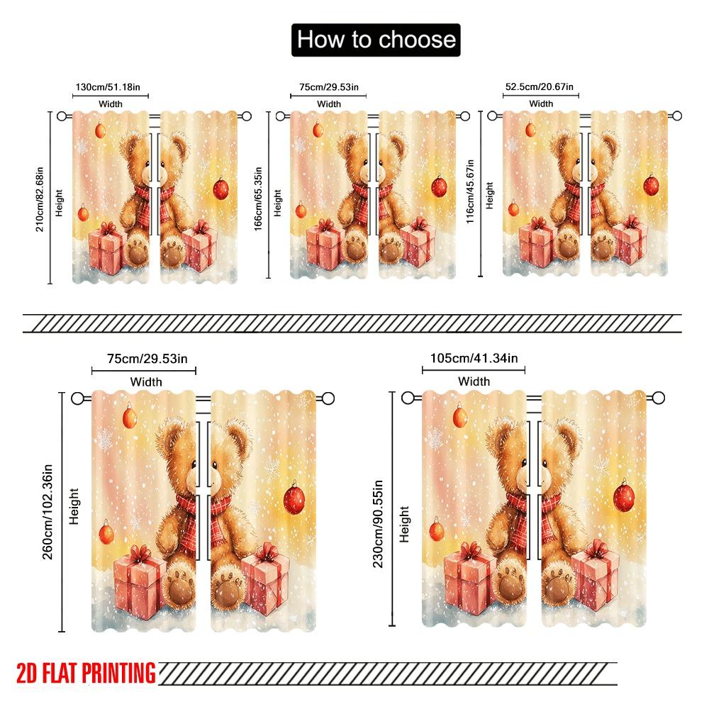 2pcs,2D Plane Printing Pattern Curtains Cute Teddy Bear Snow Winter Polyester (without Rod) Decorations For Home for Bedroom,