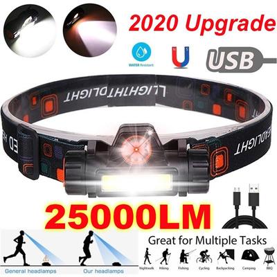 Mini COB LED Farol USB recarregável Farol de pesca Lanterna Bateria embutida Farol