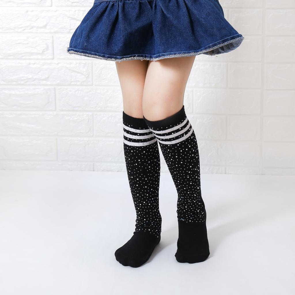 1 Pair New Sparkle Rhinestone Kids Crew Socks Colorful Striped Soft Cotton Socks Fashion Toddler Socks Bling Children