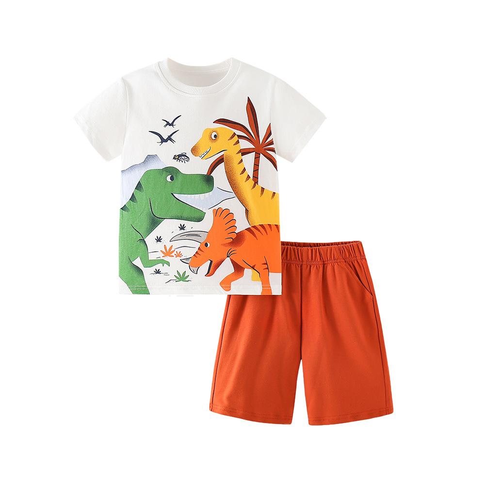 Children s Short Sleeved Set Cartoon Dinosaur Round Neck Printed Children s Set 2-3Y(90cm)