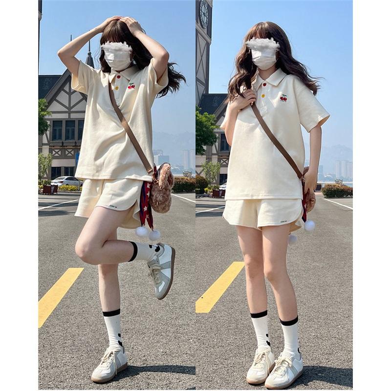 Women 2 Piece Outfits Cherry Embroidery Polo Shirt + Shorts Set Casual Tracksuit