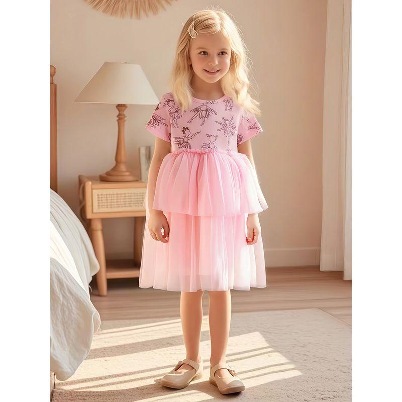 Girl Pink Short Sleeve Dress Baby Mesh Bubble Skirt Kids Pure Cotton Summer Dress Infant Formal Dress