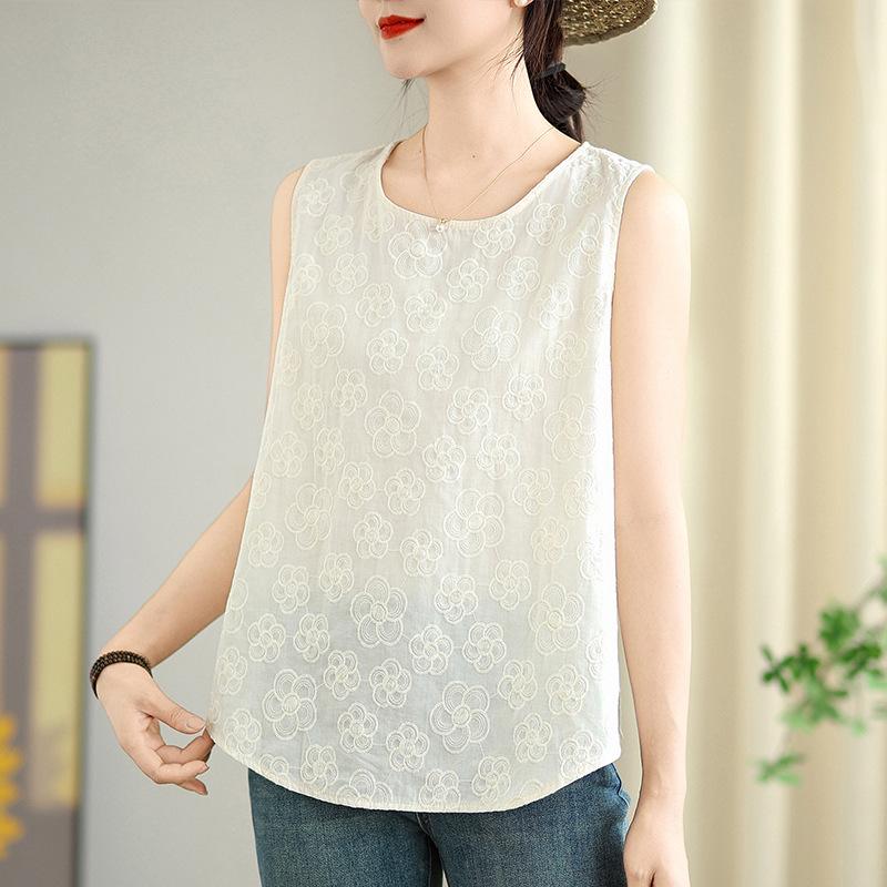 Women's Beige Embroidered Cotton Sleeveless Vest - New Chinese Style
