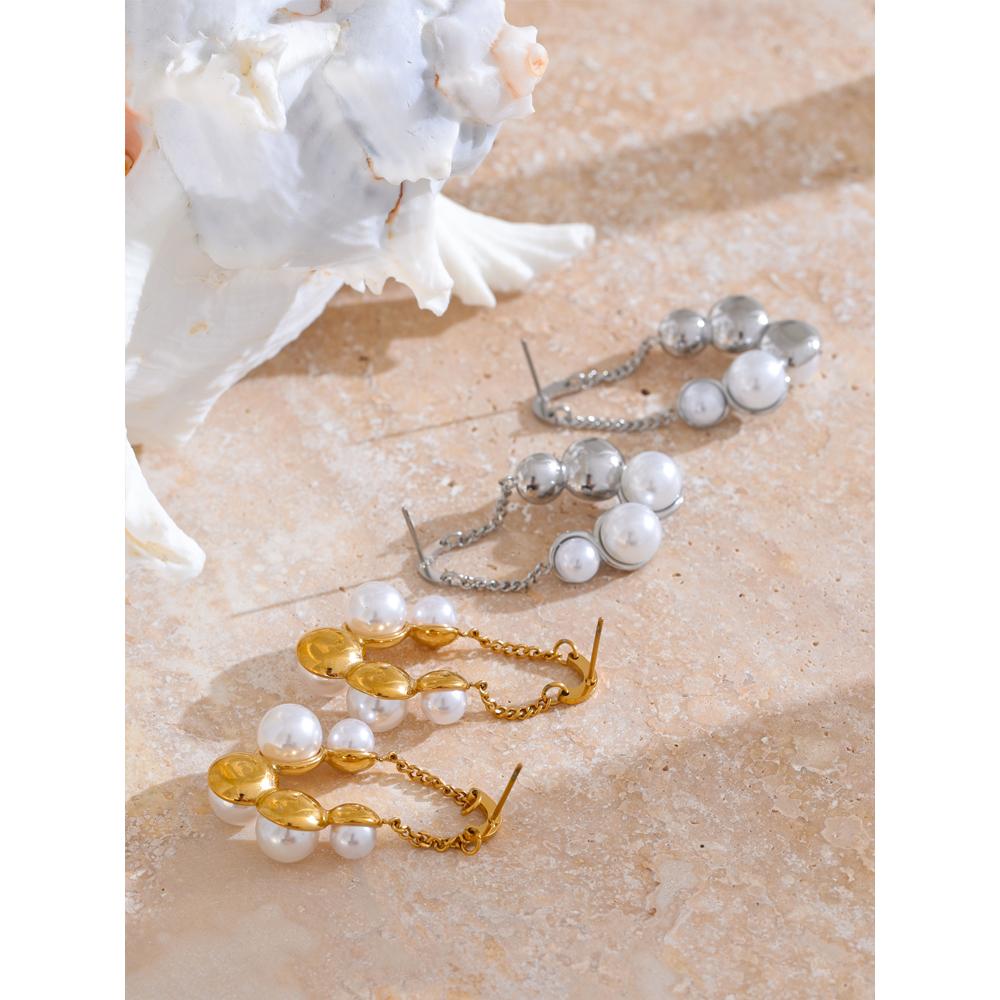Yhpup Elegante Imitationsperlen Geometrische Kette Hängeohrringe für Damen Edelstahl Exquisiter Täglicher Schmuck Bijoux Geschenk