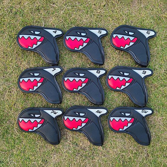 9Pcs Lightweight Waterproof Faux Leather Golf Club Covers Shark Shape Golf Iron Head