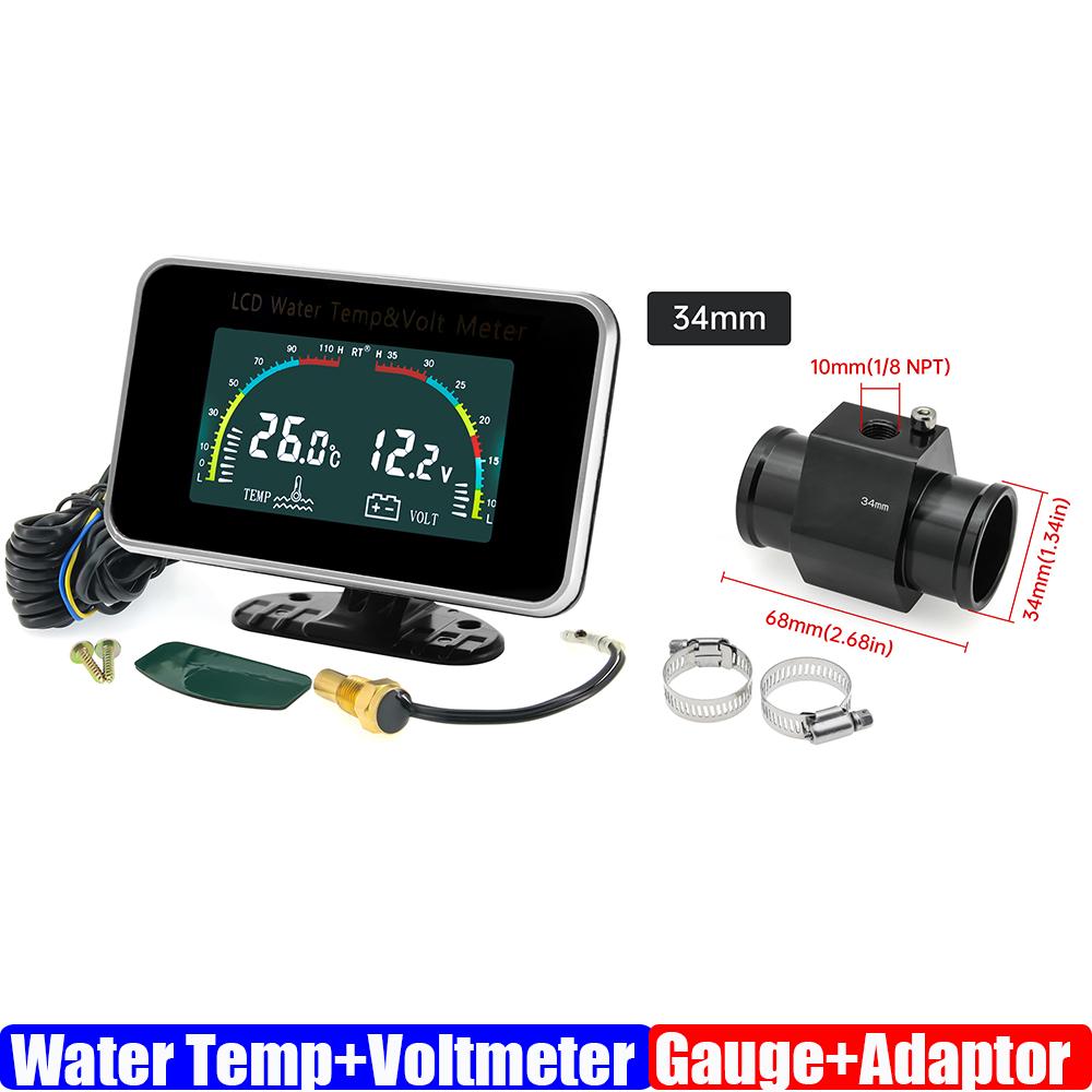 Universal Dual Gauge 2 IN 1 LCD Gauge with Sensor Water Temperature+Voltmeter Water Temp Joint Sensor 26-40MM for Car 12V 24V
