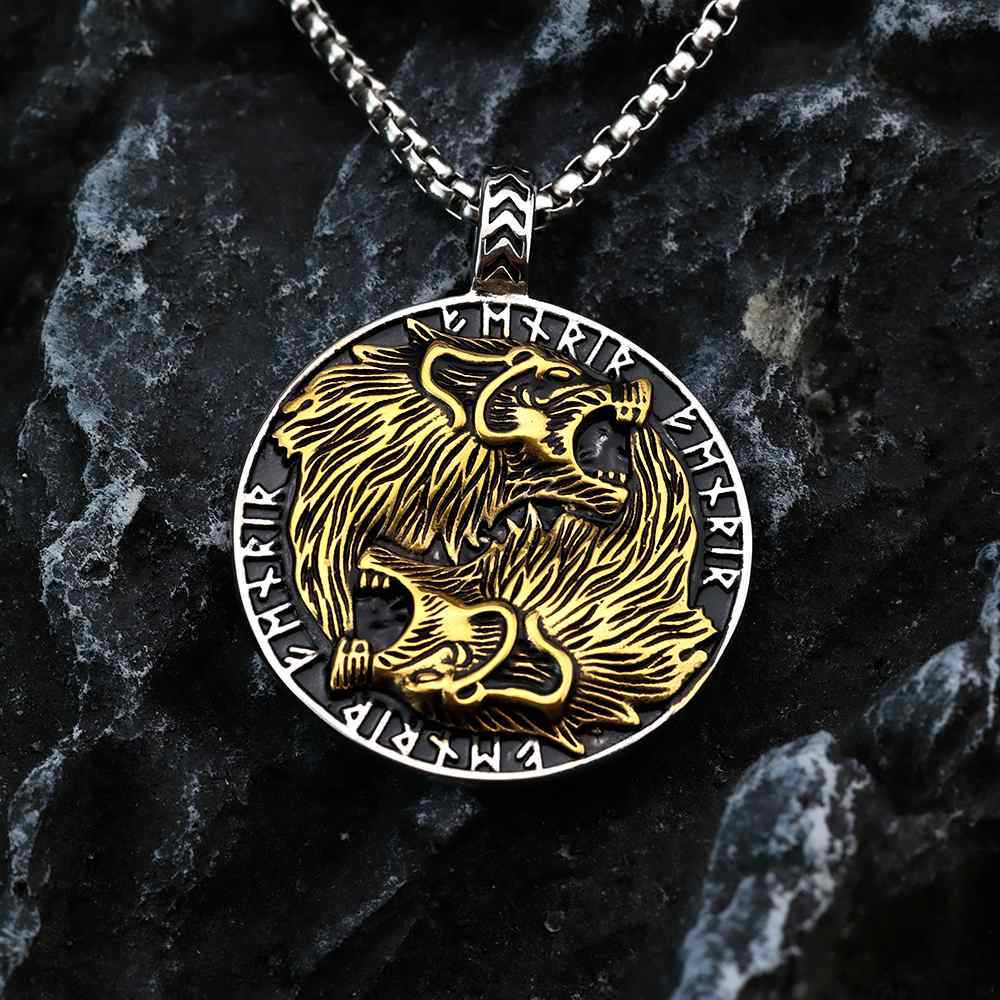 Stainless Steel Viking Guardian Totem Men's Double Wolf Necklace