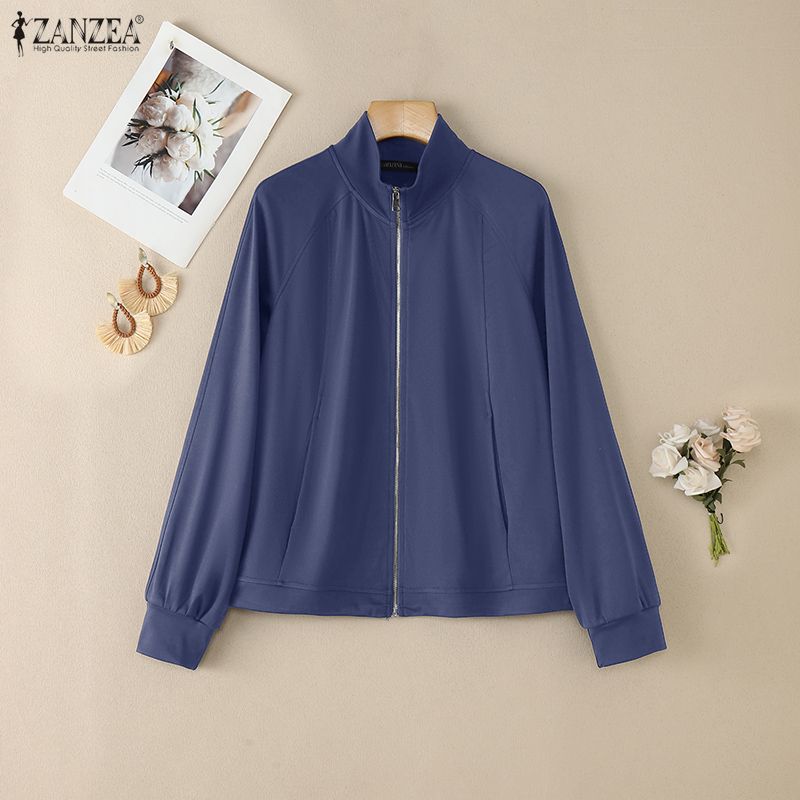 ZANZEA Women Casual Stand Collar Long Sleeve Thin Zipper Jackets