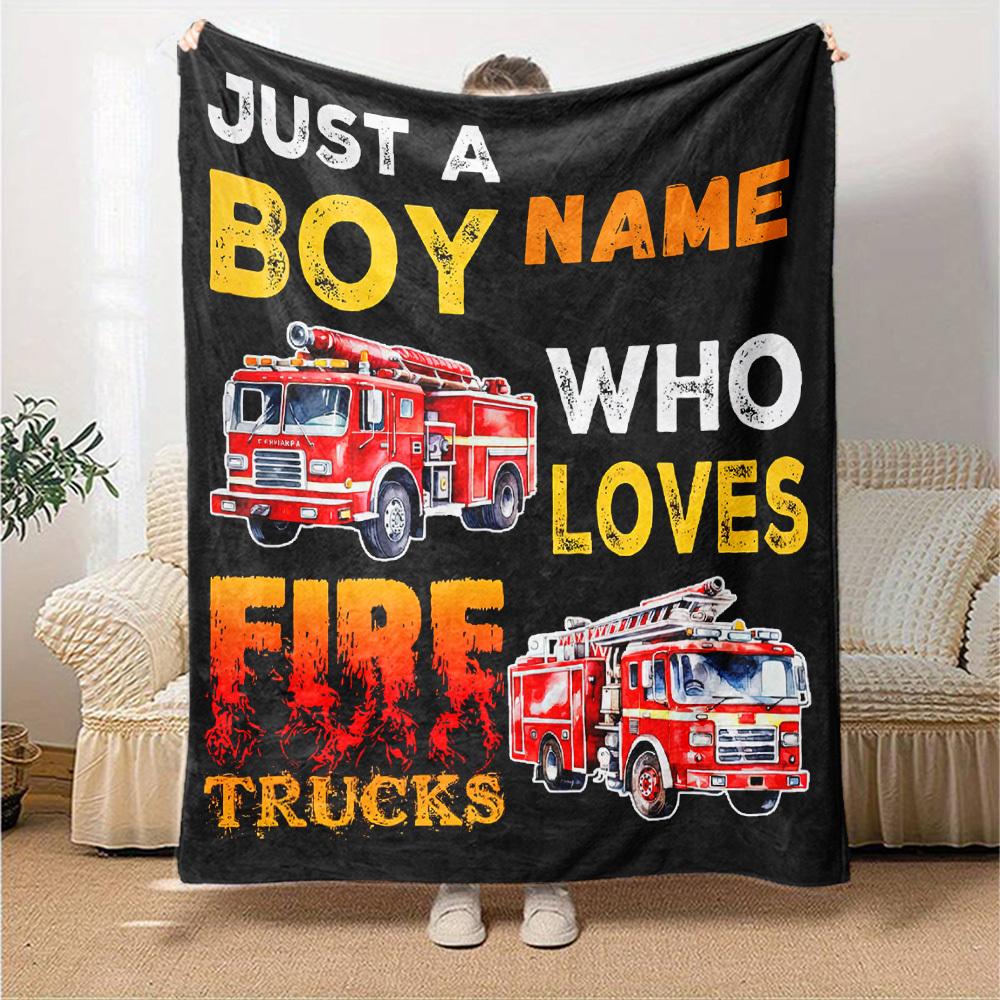 Boy Loves Fire Trucks A Passionate Firefighter'S Journey Throw Customizable Blanket Customize Text Soft Cozy Throw For Sofa Couch Office Bed Picnics