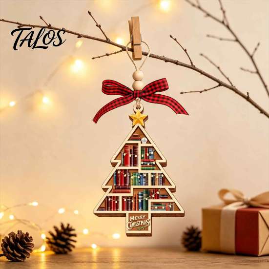 Unique Gift for Book Worms Christmas Wooden Hollowed Pendant, Cross/Christmas Tree Hanging Ornament, Decorative Rustic Wood Ornament Plaid Bow
