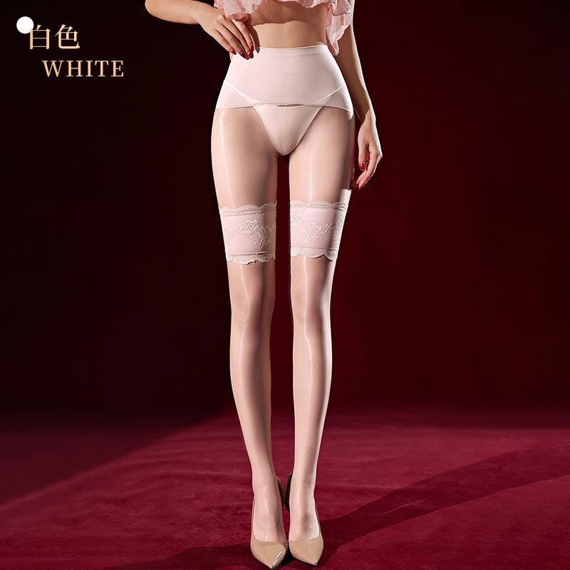 Fake Two-Piece Lace Trim Over-the-Knee Stockings 3D Ultra-Thin Glossy Crotch-Free Fake Over-the-Knee Pantyhose for Women