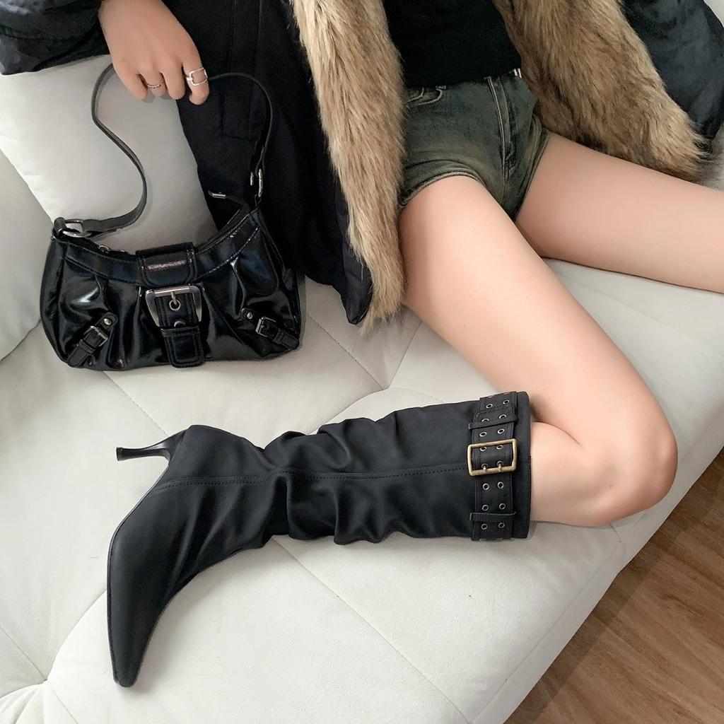 French beautiful pleated high-heeled boots women's autumn and winter new thin heels but knee-high boots