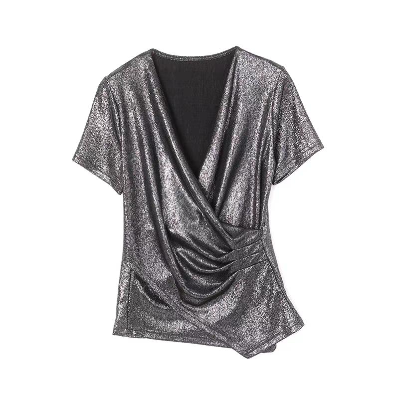 Summer Women's European Clothes T-Shirt Temperament Cross V-Neck Tops Streetwear Female Short Sleeve Slim Trendy Tees