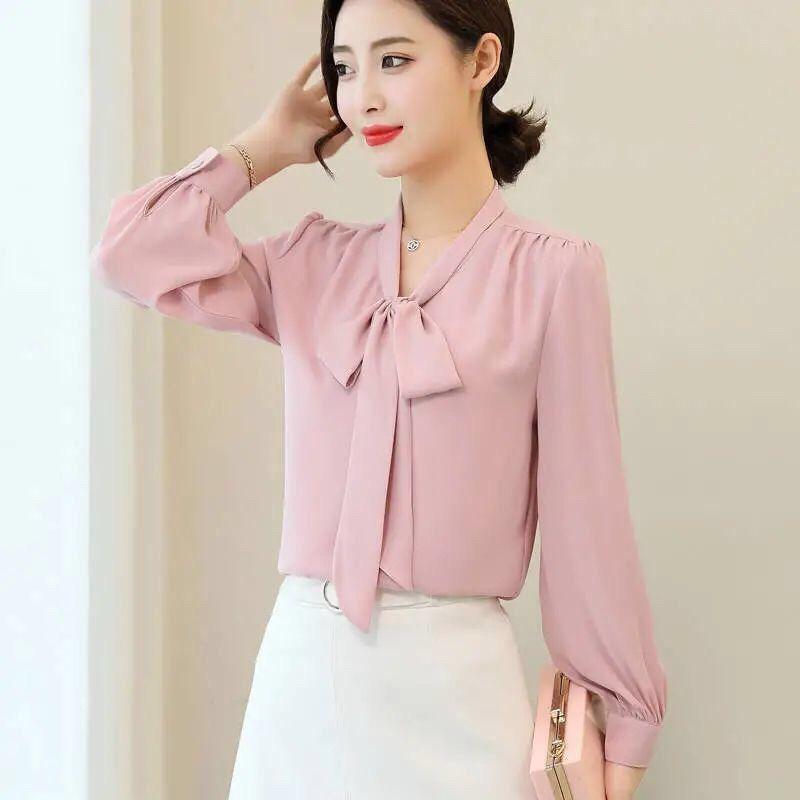 Spring Autumn Elegant Fashion Scarf Collar Lace Up Shirt Women Long Sleeve Solid Collar Pullover Blouse Top