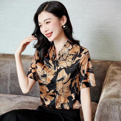 Sommer 2025 Maulbeerseiden-Top: Hangzhou Kleid mit kurzen Ärmeln für Frauen mittleren Alters, bedrucktes Design, Große Größe