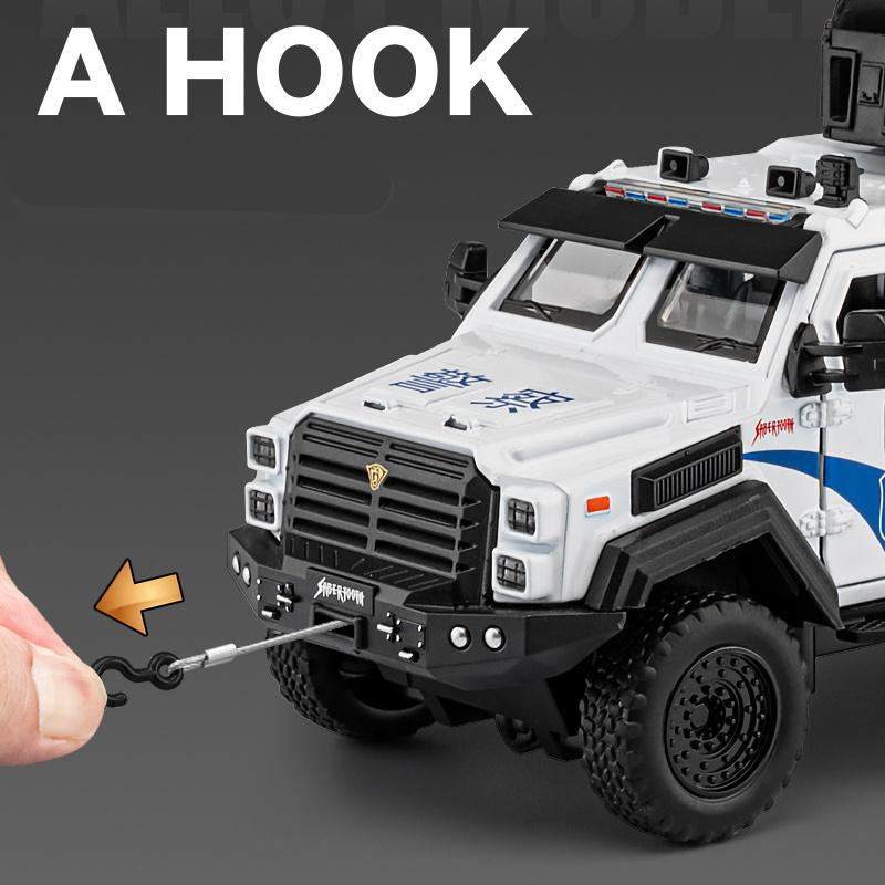 1:32 Alloy Police Explosion Proof Car Model Diecasts Metal Sword Toothed Tiger Armored Vehicles Car Model Sound Light Kids Gifts