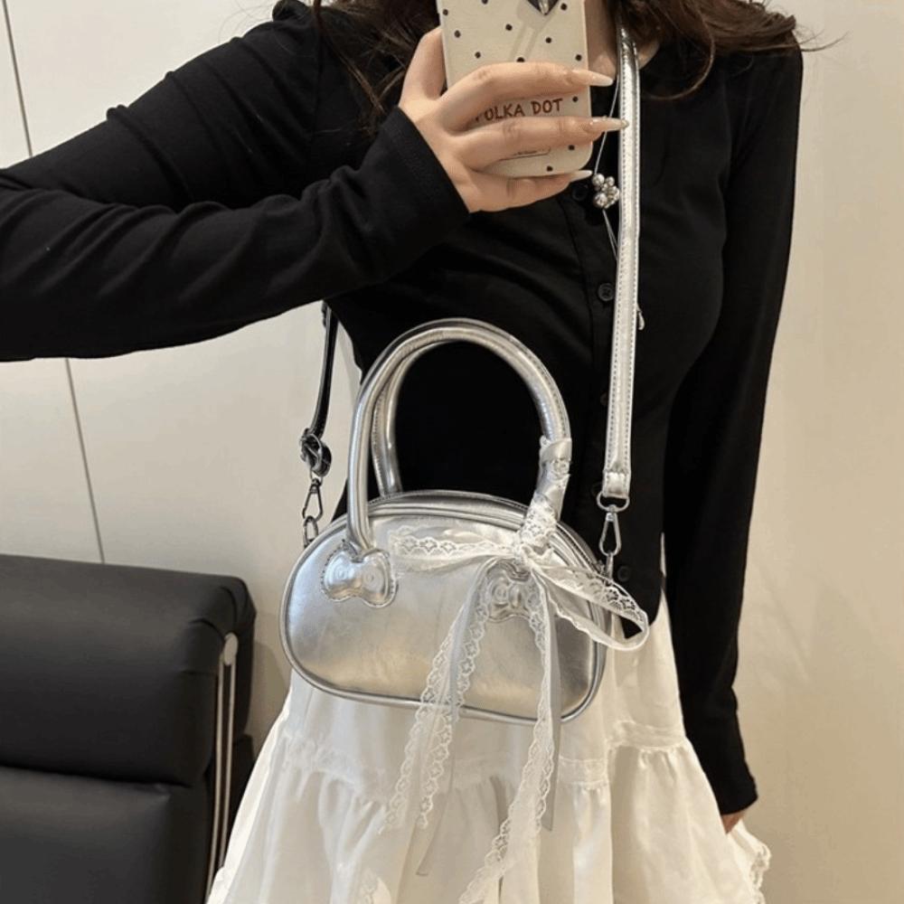 Pu Leather Lace Ribbons Boston Bag Korean Commute Handbag Niche Bow Crossbody Bag Purse