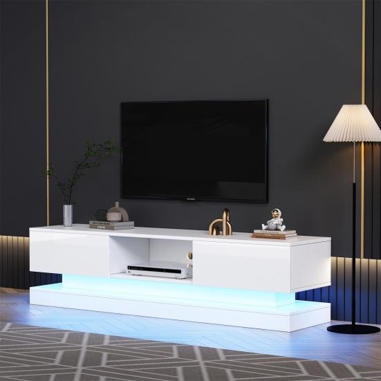 TV Media Cabinet, White High-Gloss TV Cabinet with LED Light, 2 Drawers, App Control, Anti-Tilt Design, for 60-Inch TV