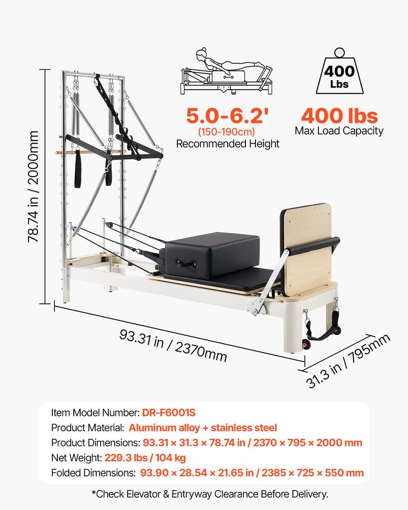 VEVOR Pilates Reformer with Tower 2.4m Pilates Machine 181kg Aluminum Alloy, for Home Use and Gym Workout, with Jump Board, Springs, Sitting Box
