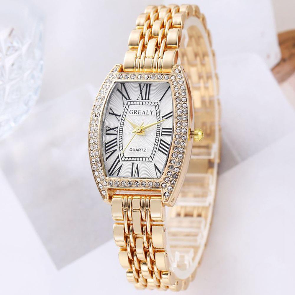 Luxus Damen-Armbanduhr mit Strass-Fass-Zifferblatt und römischen Ziffern - Modisch und lässig