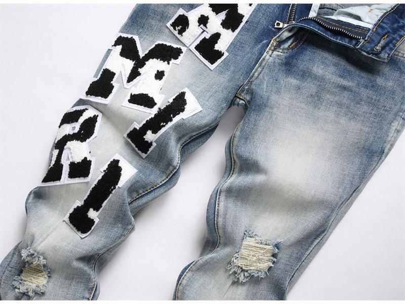 Verwaschene Blaue Distressed Bestickte Herren Skinny Jeans