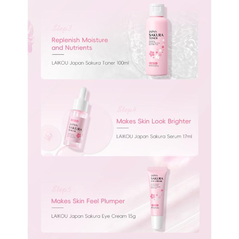 LAIKOU Japan Sakura Skin Care 7-pieces set, Face Cleanser Toner Serum Cream Mud Mask Sunscreen Eye Cream