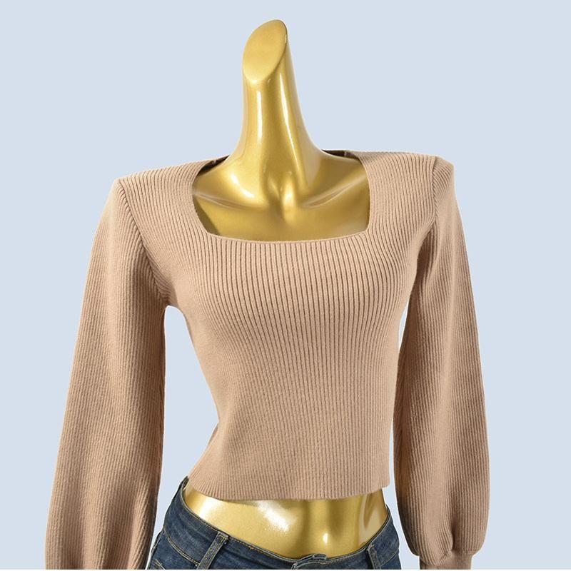Square Collar Short High Waist Midriff-Baring Long Sleeve Pure Color Knitting Sweater Soft Glutinous Stretch Pullover Bottoming Shirt for Women