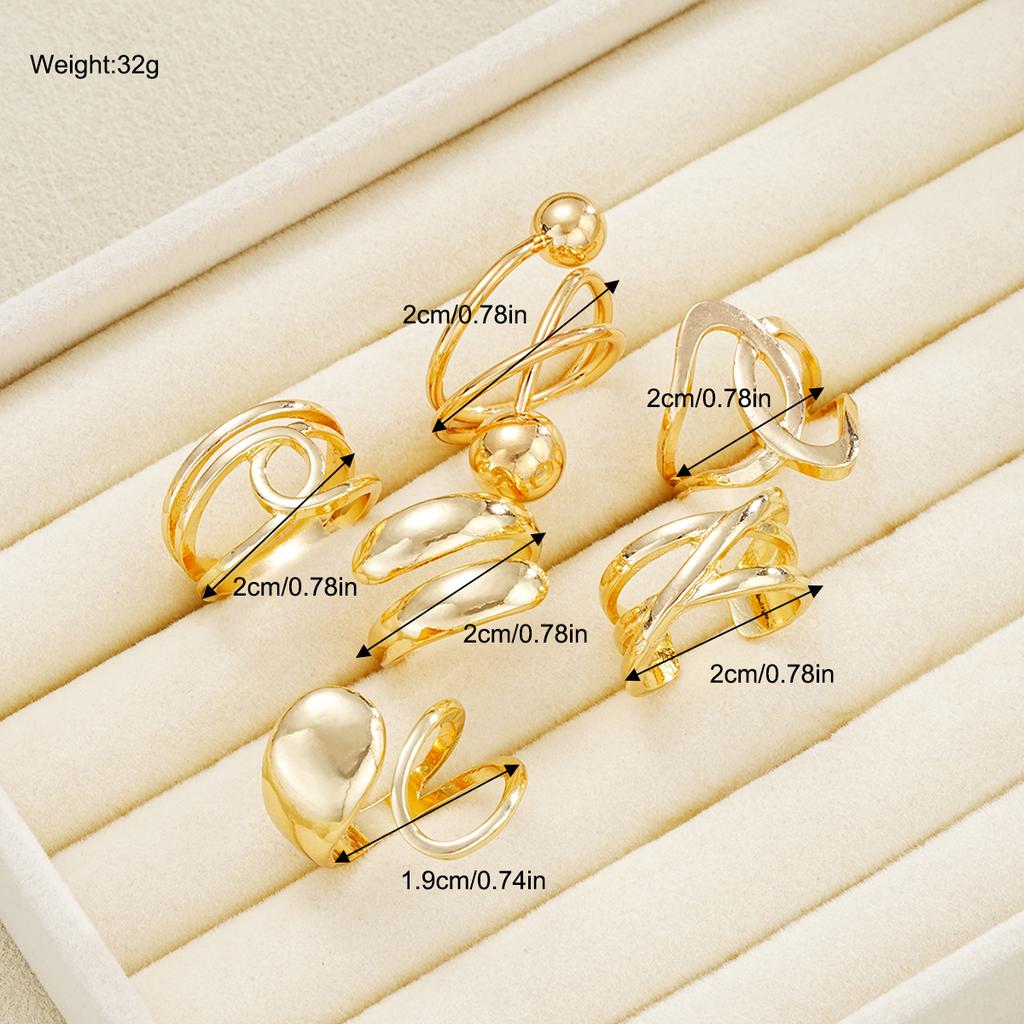 6 Pcs Smooth Geometric Shape Exaggerated Fashion Ring Set Retro Vintage Gold Color Classic Asymmetrical Hollow Rings For Women