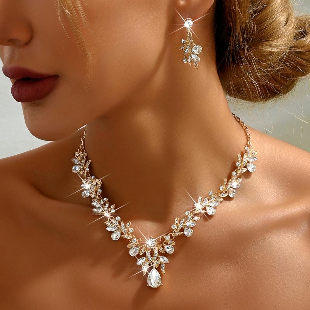 3PC Wedding Season Women's Fashion Trend Sparkling Leaf Water Drop Necklace Earrings Zircon Set Banquet Party Holiday Gift