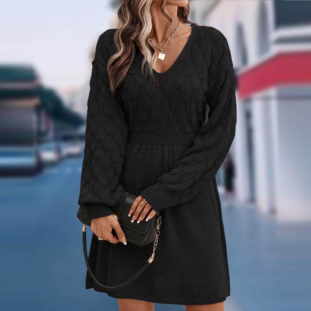 Women's Casual V-neck Hollow-out Scale Texture Solid-color Long-sleeve Sweater Dress