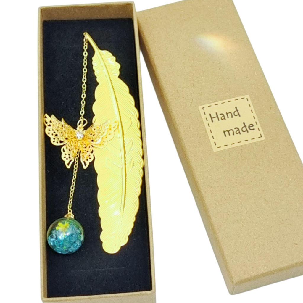 Chinese Style Dried Flower Bookmark with Feather, Metal Butterfly & Tassel - Ideal Teacher's Day Gift