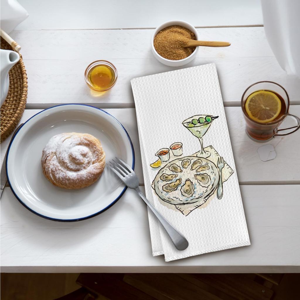 Watercolor Coastal Beach Kitchen Towels, Martini Oyster Seafood Meal Decorative Dish Tea Towels, Nautical Beachy Hand Towels for Kitchen Dining Room