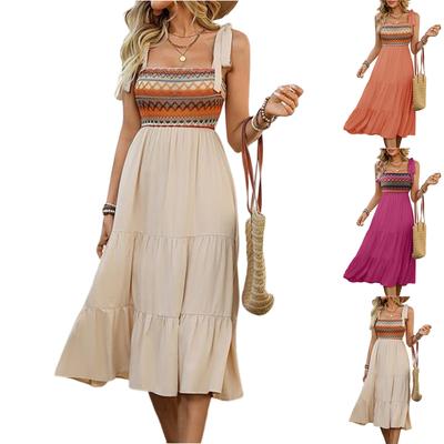 Damen Sommer Maxi Kleid Lässig Böhmisch Ärmellos Bedruckt Eckiger Ausschnitt Mehrlagig Langes Strand-Sommerkleid