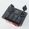 Four-Position Boat Panel with Voltmeter, USB Charger, Cigarette Lighter, LED Display, and Rocker Switch.