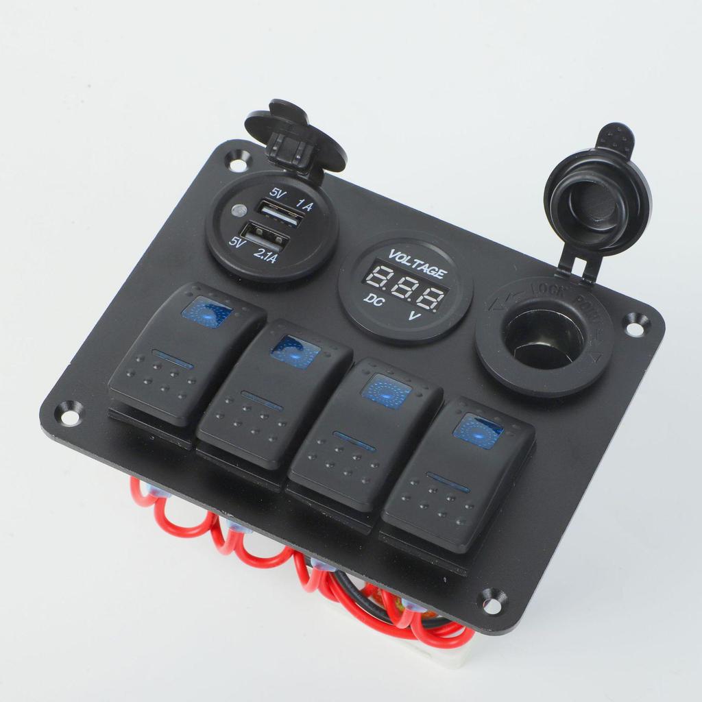 Four-Position Boat Panel with Voltmeter, USB Charger, Cigarette Lighter, LED Display, and Rocker Switch.