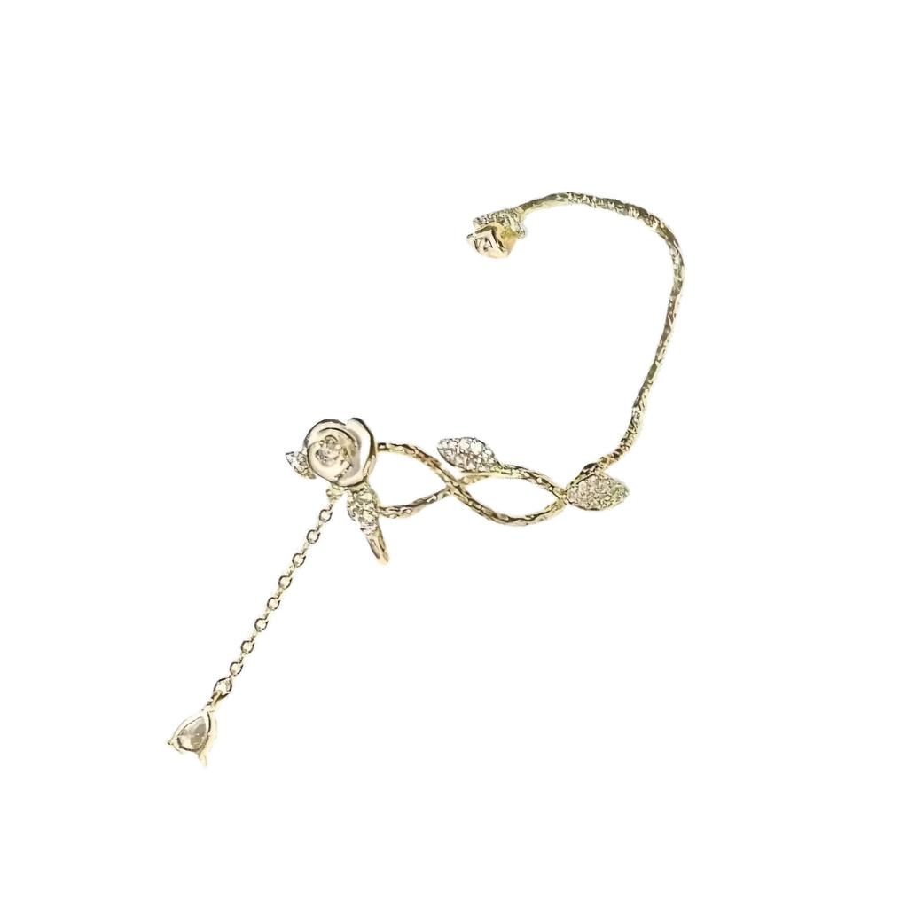 Elegant Camellia and Tassels Ear Cuff Sparkling Zircon Flower Clip On Earring Accessory for Women Fashion Jewelry