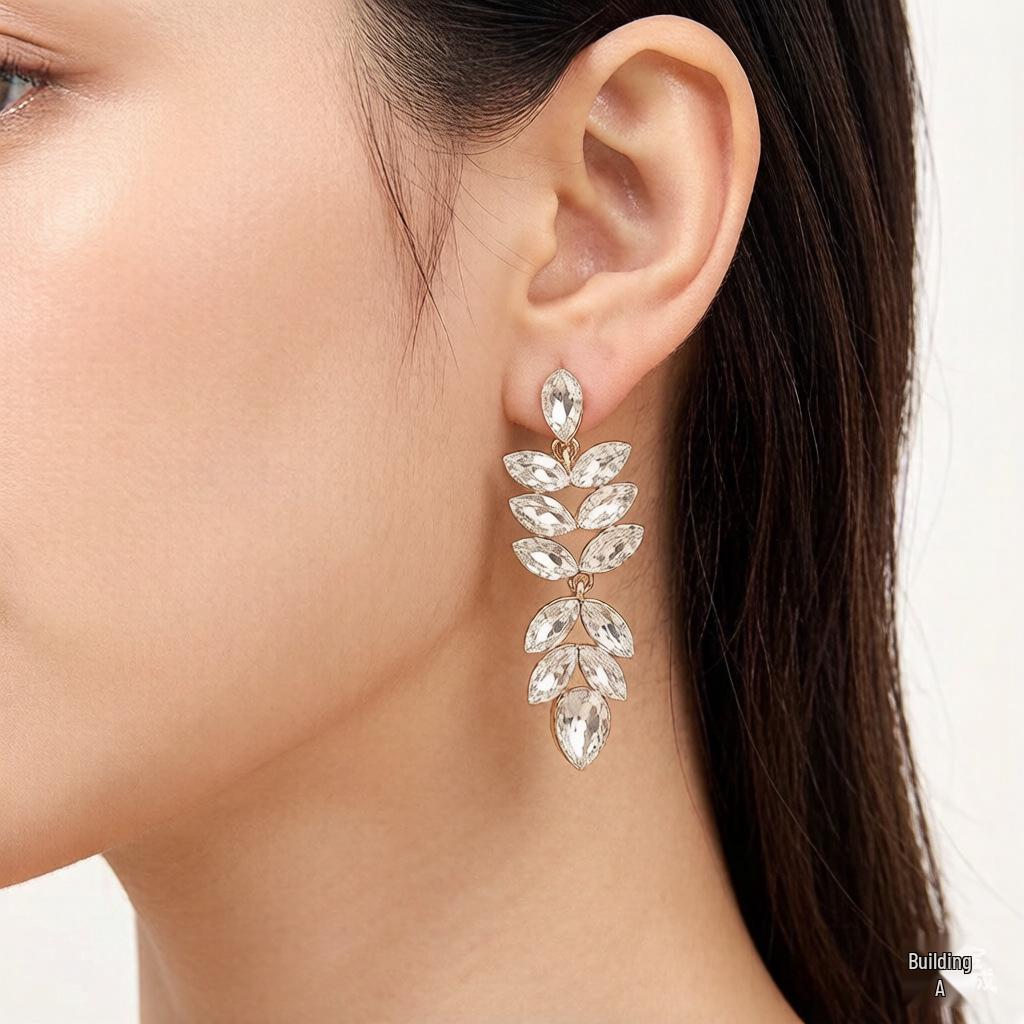 Creative Fashion Earrings - European & American Hollow Leaf Design with Diamonds for Women