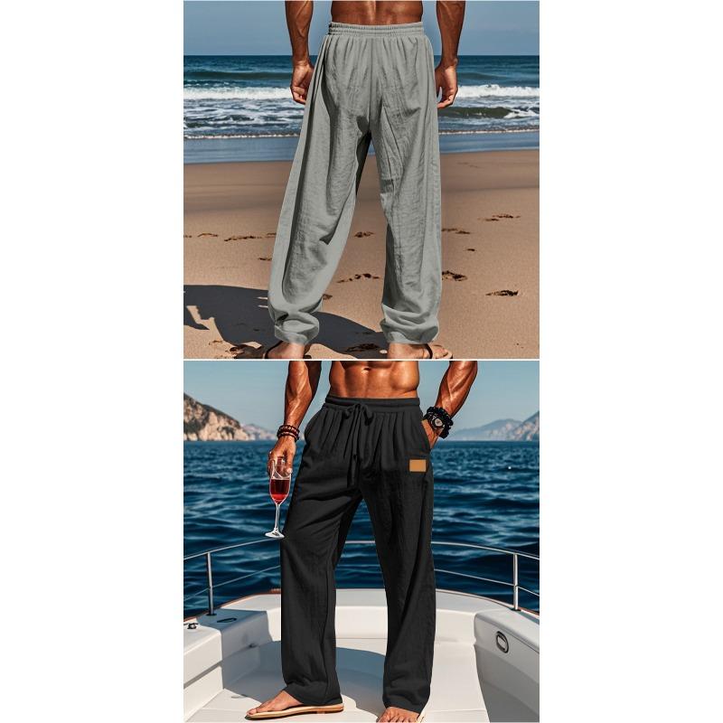 Men Thin Linen Cotton Straight Casual Long Trousers For Daily Beach Wear