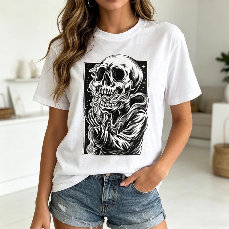 Dark Skull Smoke Illustration Graphic T Shirt Comfortable Cotton Short Sleeve Top