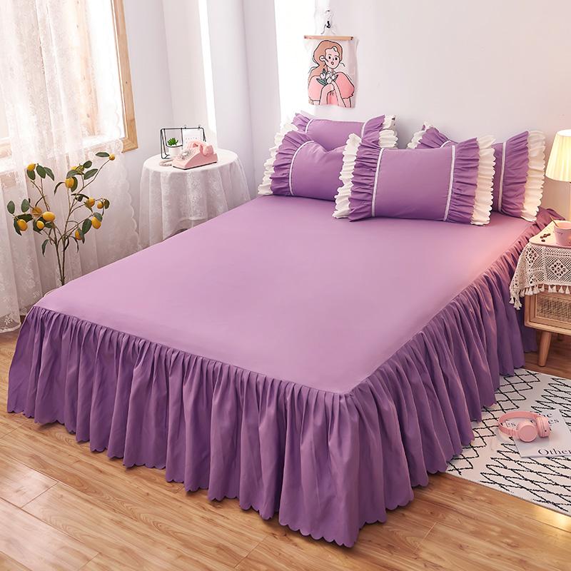 Solid Color Bed Skirt Set 3Pcs Ruffles Bed Skirt with 2 Pillowcases Romantic Queen Size Bedding Set Girls Princess Room Decor
