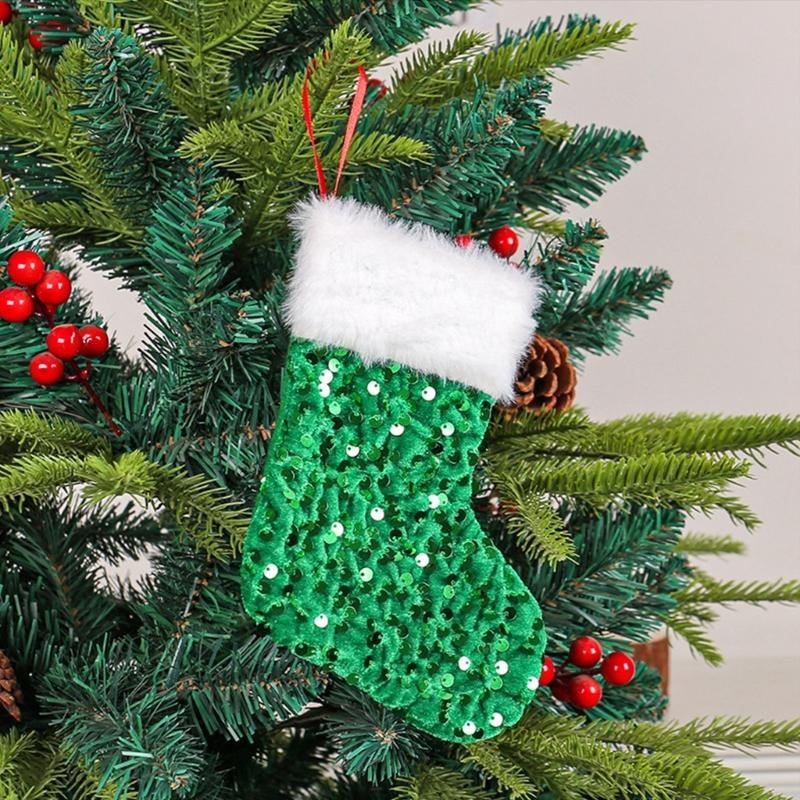 10Pcs Festival Gift Holders Fireplaces Decoration Sparkling Sequins Christmas Stockings with Plush White Rims Decors