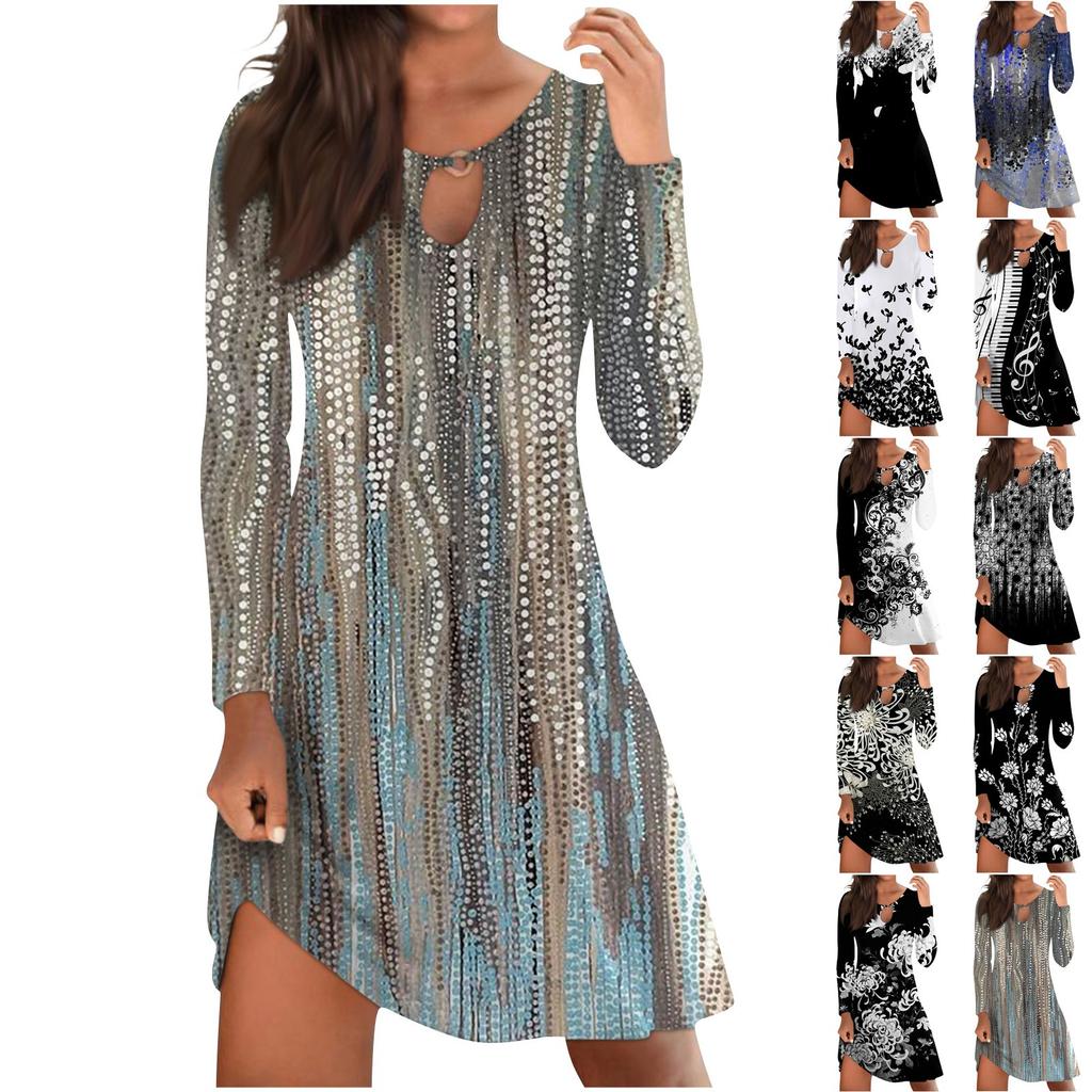 Women's Casual Comfortable Print Long-sleeve Chest Hollow Big Swing Dress